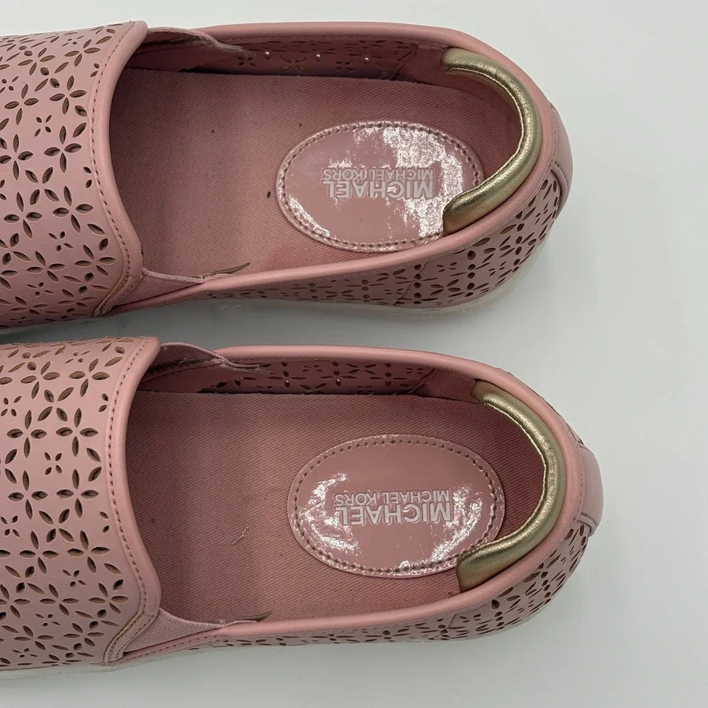 Michael Kors Womens Ophelia Slip On Sneakers Size 9.5 Pink Leather Gold Accent